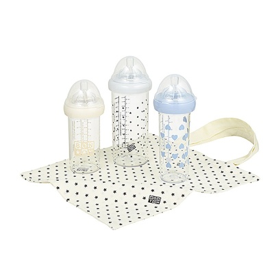 Set de 3 biberons BONTON coeurs bleu