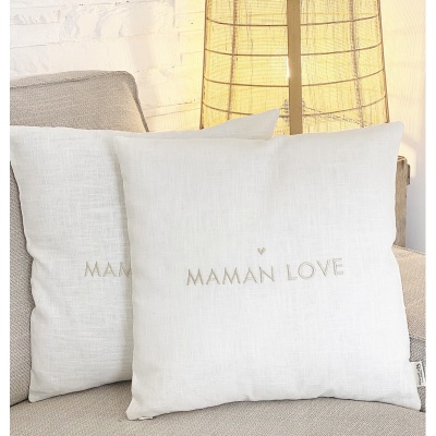 Housse de coussin "Maman love" 100% lin blanc craie