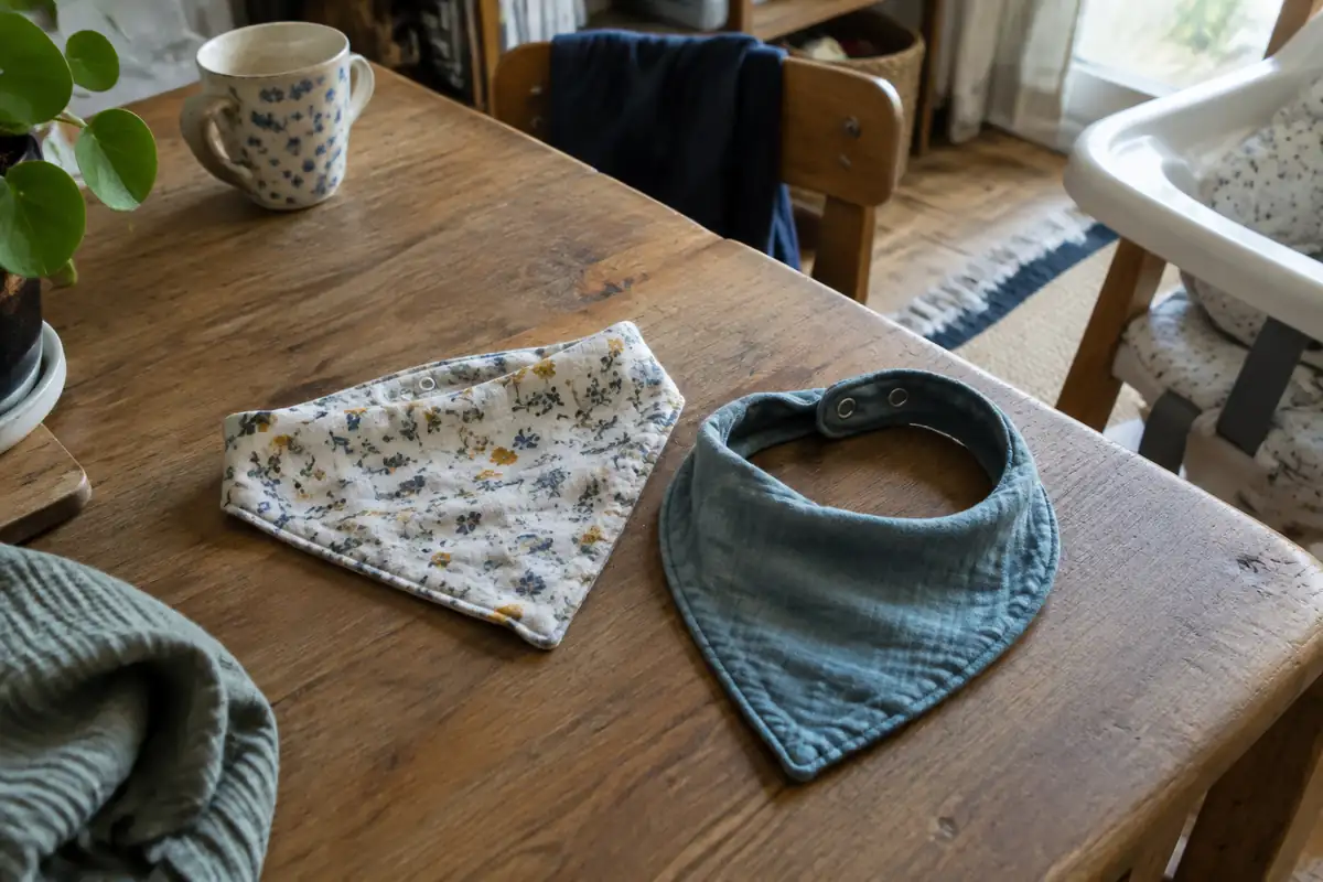 Deux bandanas pour enfant posés sur une table, l'un en tissu fleuri, l'autre en gaze bleue avec des pressions