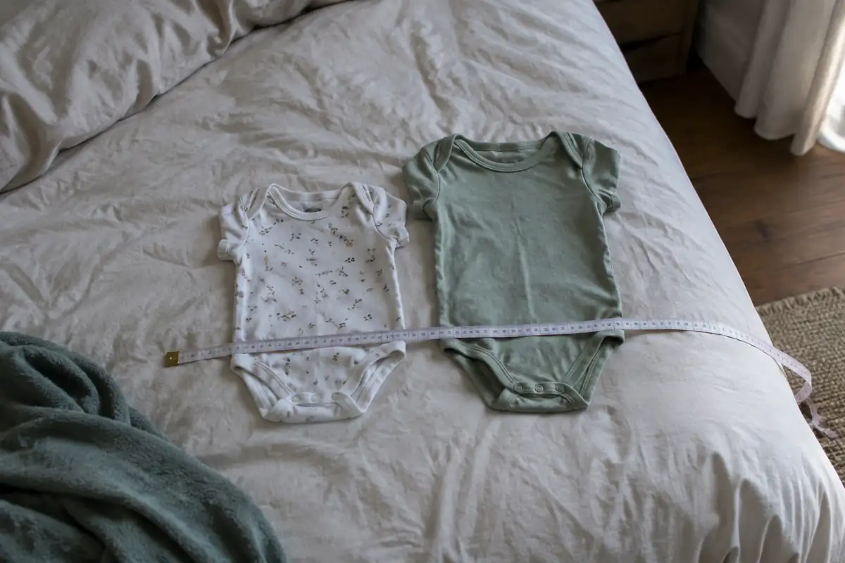 Deux bodys de bébé de tailles voisines posés côte à côte sur un lit, avec un mètre ruban souple