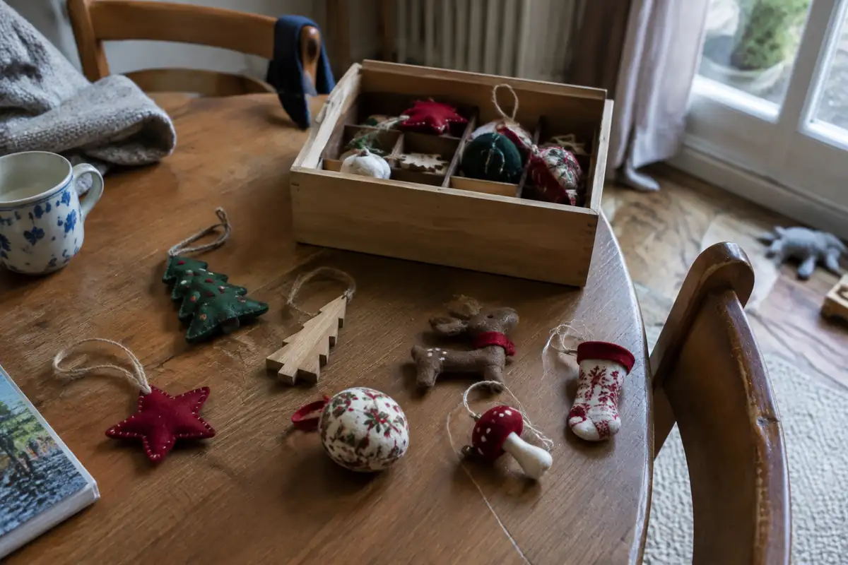 Des décorations de sapin en bois, en feutrine et en tissu posées sur une table, avec une boîte de rangement