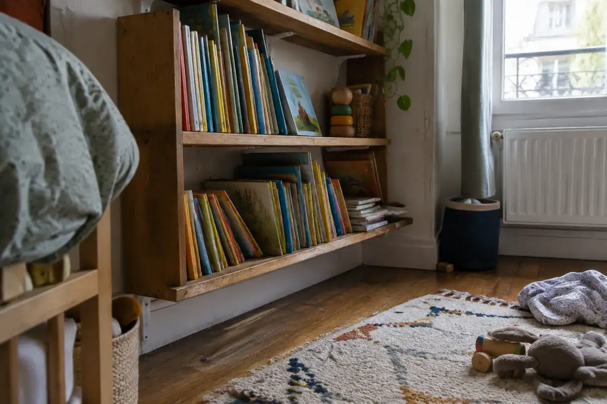 Une étagère basse en bois fixée au mur, remplie de livres d'images, près d'un tapis dans une chambre d'enfant