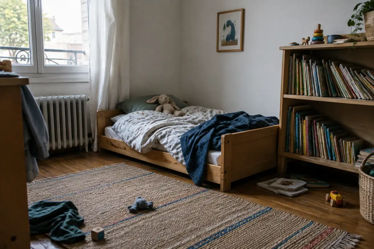 Un lit bas en bois posé près du sol, à côté d'une étagère basse remplie de livres d'images et d'un tapis