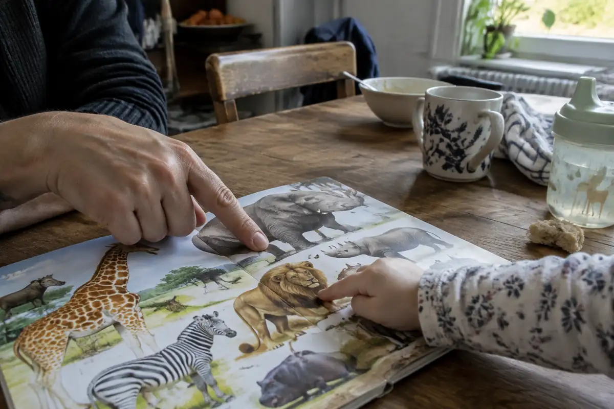 Une main d'adulte et une main d'enfant qui pointent un animal sur la page d'un livre d'images, sur une table de cuisine