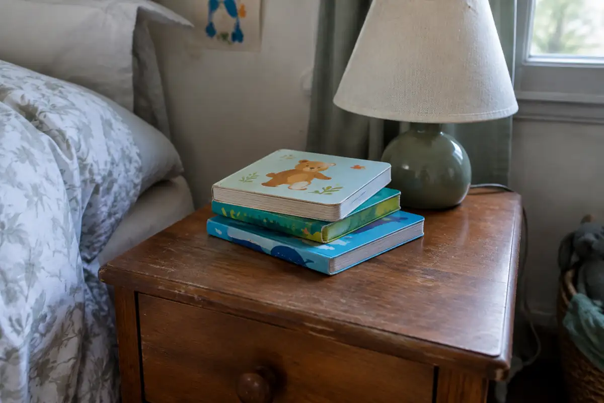 Pile de trois livres cartonnés sur une table de chevet près d'une petite lampe