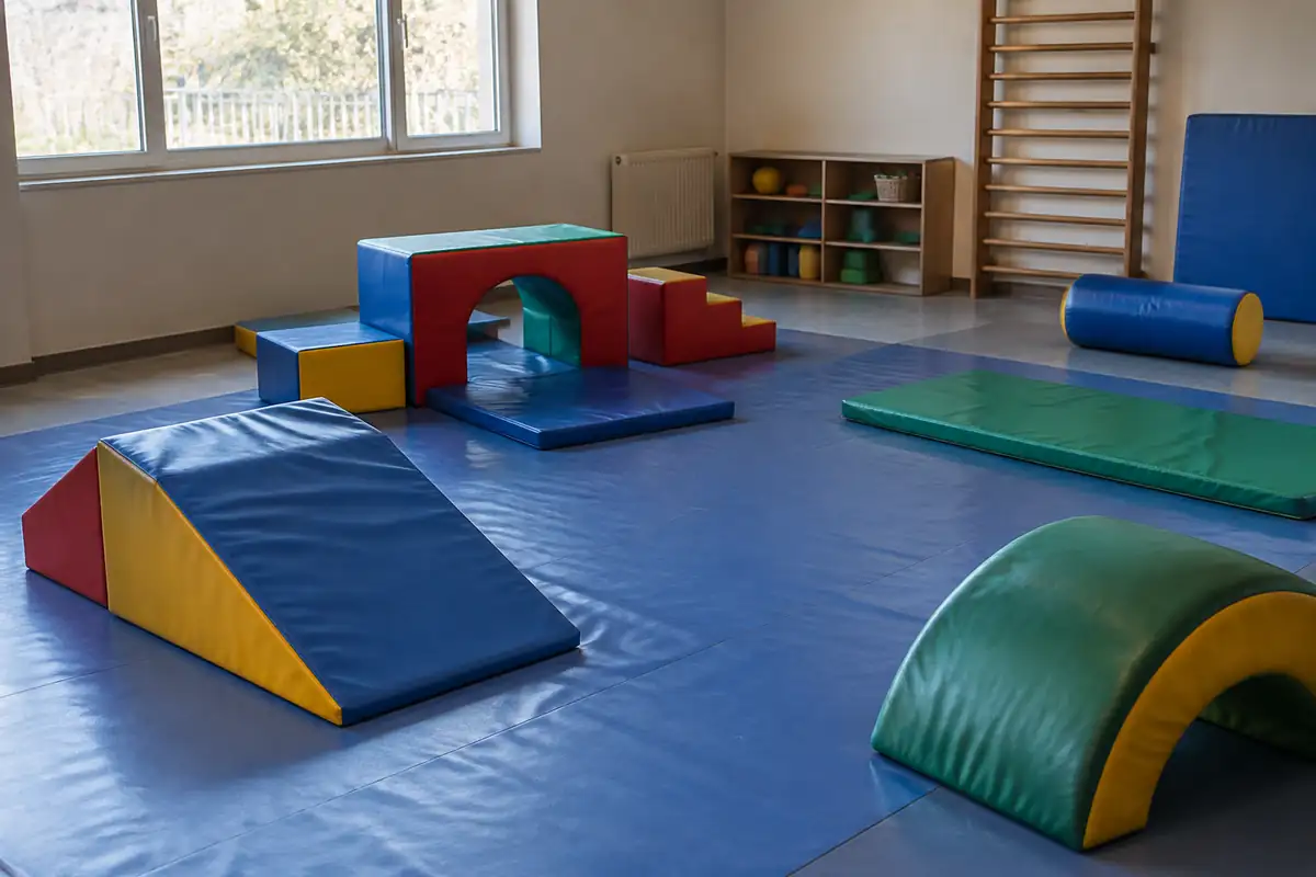 Salle de gymnastique pour tout-petits vide, avec des modules en mousse et un tapis