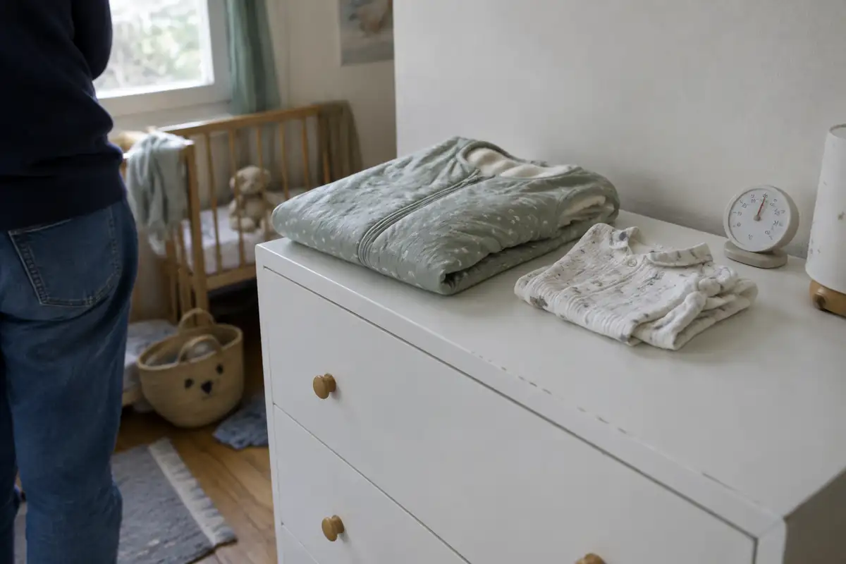 Thermomètre d'ambiance, gigoteuse et pyjama sur une commode de chambre de bébé