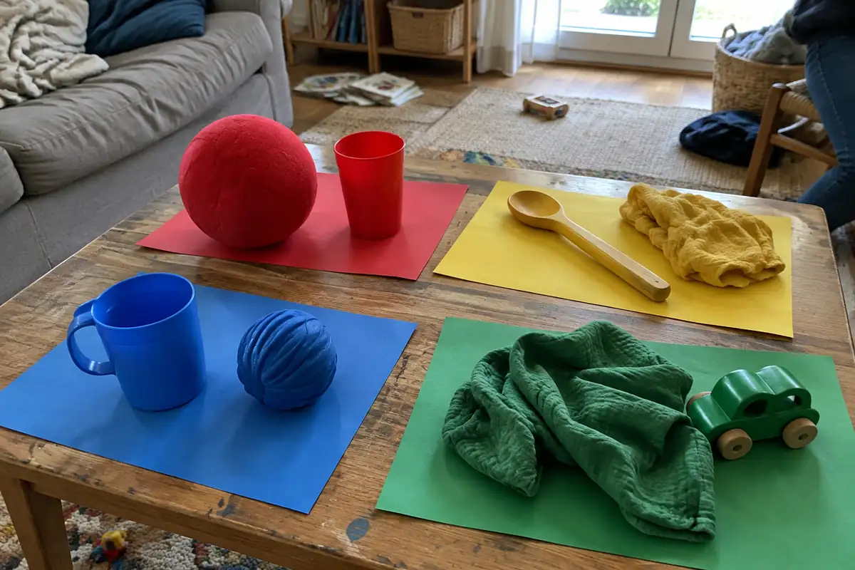 Quatre feuilles de papier de couleur sur une table basse, avec de gros objets triés par couleur : balle, gobelet, cuillère en bois, linge